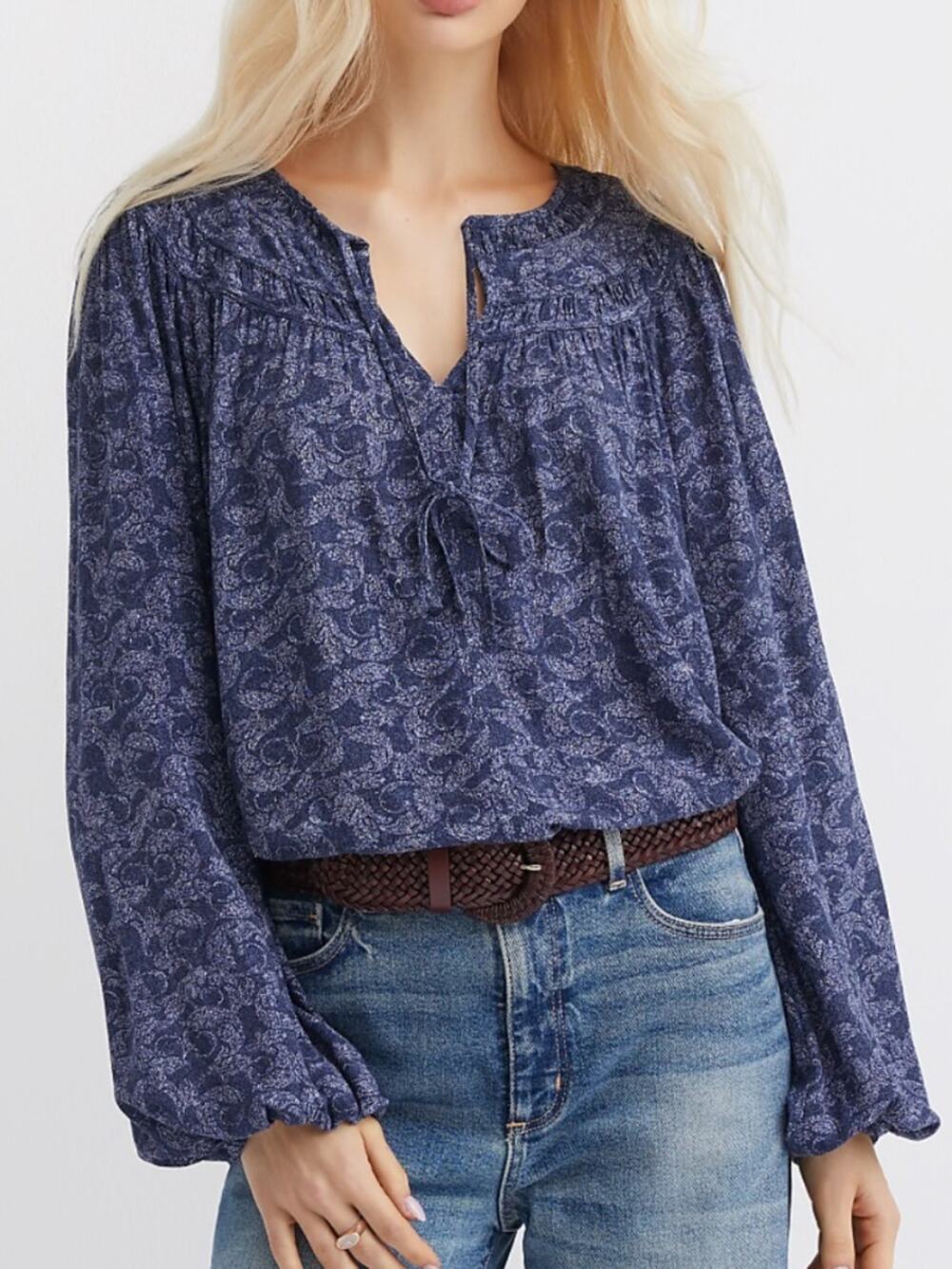 Ann Taylor LOFT Swirl Stitched Yoke Long Sleeve Blouse, Dove Blue, Sz Medium